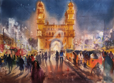 Malerei mit dem Titel "Charminar night wat…" von Kishore Singh, Original-Kunstwerk, Aquarell