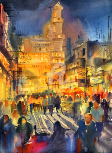 Картина под названием "CHARMINAR NIGHT WAT…" - Kishore Singh, Подлинное произведение искусства, Акварель