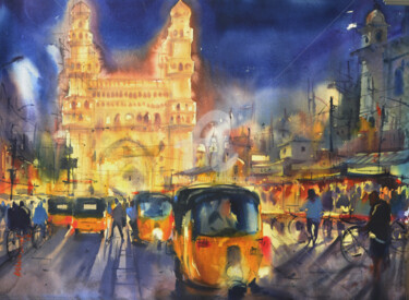 Painting titled "Charminar glowing a…" by Kishore Singh, Original Artwork, Watercolor