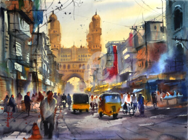 Pittura intitolato "Morning at a roadsi…" da Kishore Singh, Opera d'arte originale, Acquarello