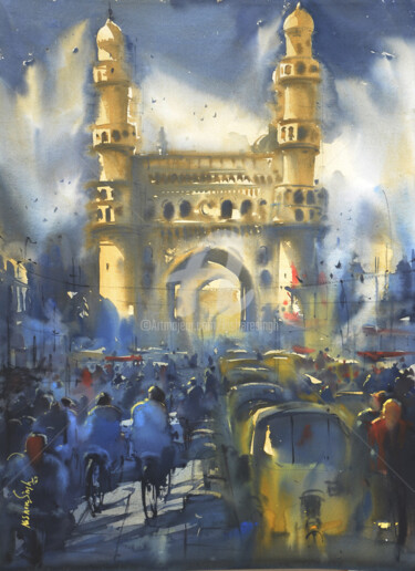 Malerei mit dem Titel "Rroadside kiosk old…" von Kishore Singh, Original-Kunstwerk, Aquarell