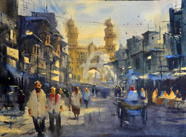 Schilderij getiteld "Early morning Chram…" door Kishore Singh, Origineel Kunstwerk, Aquarel