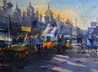 Malerei mit dem Titel "Early morning Old C…" von Kishore Singh, Original-Kunstwerk, Aquarell