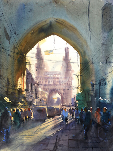 Malerei mit dem Titel "Early morning Chram…" von Kishore Singh, Original-Kunstwerk, Aquarell