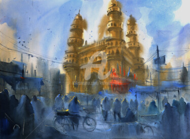 Ζωγραφική με τίτλο "Early morning Chram…" από Kishore Singh, Αυθεντικά έργα τέχνης, Ακουαρέλα