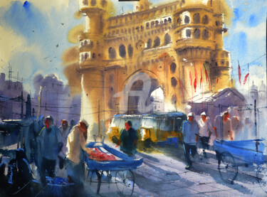 Malerei mit dem Titel "Early morning Chram…" von Kishore Singh, Original-Kunstwerk, Aquarell