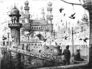 Malerei mit dem Titel "mecca masjid Hydera…" von Kishore Singh, Original-Kunstwerk, Öl