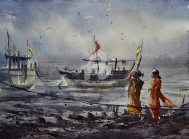 Painting titled "Daman&Due02" by Kishore Singh, Original Artwork, Watercolor