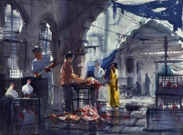 Painting titled "Hyderabad_Market01" by Kishore Singh, Original Artwork, Oil