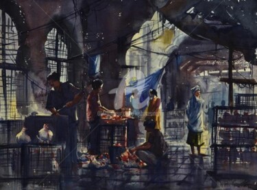 Peinture intitulée "Hyderabad_Market02" par Kishore Singh, Œuvre d'art originale