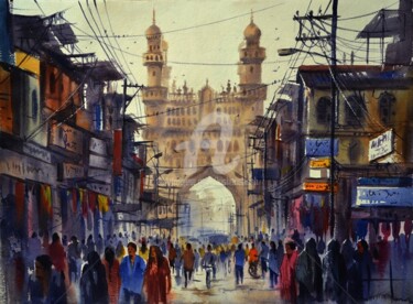 Painting titled "charminar-in-hydera…" by Kishore Singh, Original Artwork, Oil