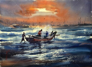 Painting titled "puri-seabeach02.jpg" by Kishore Singh, Original Artwork, Oil