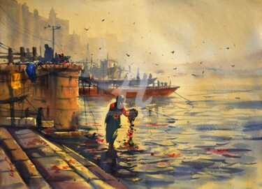 Schilderij getiteld "Ghat of Varanasi,In…" door Kishore Singh, Origineel Kunstwerk