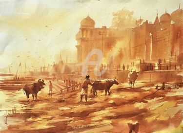 Pittura intitolato "Ghat of Varanasi.,I…" da Kishore Singh, Opera d'arte originale