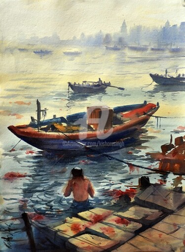 Картина под названием "Bathing in the holy…" - Kishore Singh, Подлинное произведение искусства