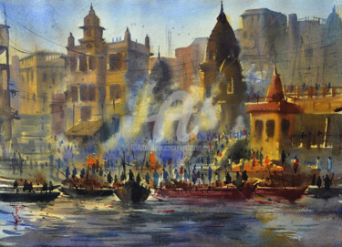 Peinture intitulée "Manikarnika Ghat,pr…" par Kishore Singh, Œuvre d'art originale