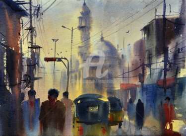 Painting titled "Ek Minar Masjid.,Hy…" by Kishore Singh, Original Artwork, Watercolor