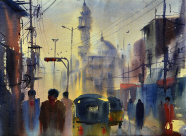 Painting titled "Ek Minar Masjid.,Hy…" by Kishore Singh, Original Artwork, Watercolor