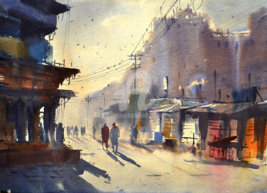 Pintura intitulada "jaisalmer-fort" por Kishore Singh, Obras de arte originais, Aquarela