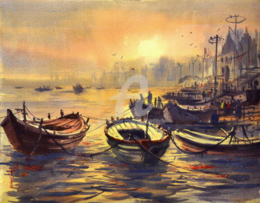 Painting titled "varanasi." by Kishore Singh, Original Artwork, Watercolor