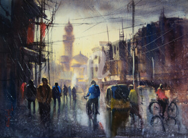 Painting titled "Oldcity Ek Minar Ma…" by Kishore Singh, Original Artwork, Watercolor