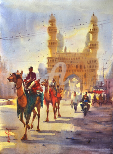 Painting titled "camel near the Char…" by Kishore Singh, Original Artwork, Watercolor