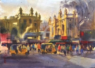 Pittura intitolato "early-morning-old-c…" da Kishore Singh, Opera d'arte originale, Acquarello
