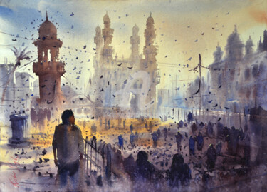 Peinture intitulée "Mecca Masjid in Old…" par Kishore Singh, Œuvre d'art originale, Aquarelle