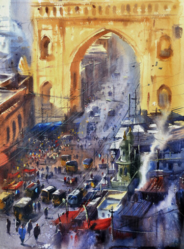 Pintura intitulada "city-gate-viewed-fr…" por Kishore Singh, Obras de arte originais, Aquarela