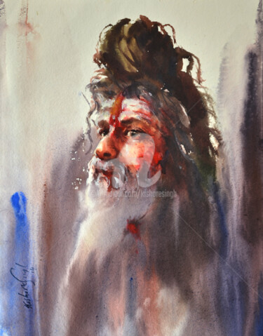 Картина под названием "sadhus-holy-men-of-…" - Kishore Singh, Подлинное произведение искусства, Акварель