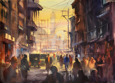 Peinture intitulée "lal-chowk-srinagar0…" par Kishore Singh, Œuvre d'art originale