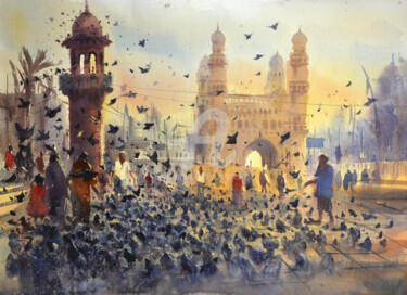 Peinture intitulée "feeding pigeons." par Kishore Singh, Œuvre d'art originale, Aquarelle