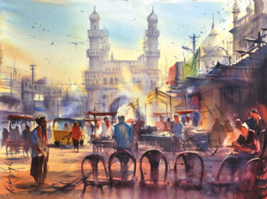 Pittura intitolato "morning at a roadsi…" da Kishore Singh, Opera d'arte originale, Acquarello