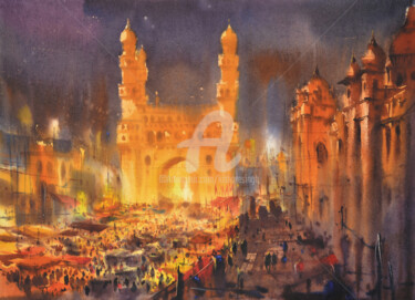 Painting titled "charminar glows id…" by Kishore Singh, Original Artwork, Watercolor