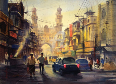 Painting titled "charminar-in-hydera…" by Kishore Singh, Original Artwork, Watercolor