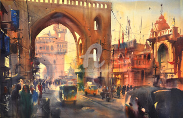 Painting titled "Hyderabad_city-gate…" by Kishore Singh, Original Artwork, Watercolor
