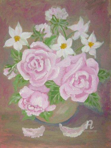 Painting titled "Натюрморт с розами…" by Natalia Kislitsa, Original Artwork, Oil