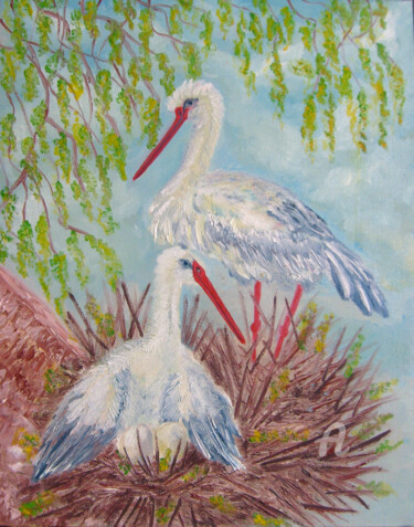 Картина под названием "Storks in the nest" - Natalia Кislitsa, Подлинное произведение искусства, Масло