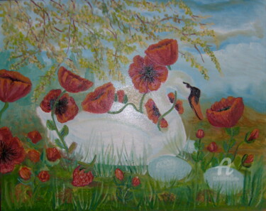 Painting titled "Swan in red poppies" by Natalia Kislitsa, Original Artwork, Oil