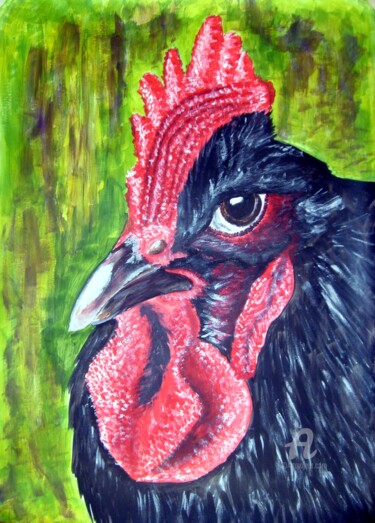 Картина под названием "Черная курица" - Natalia Кislitsa, Подлинное произведение искусства, Гуашь