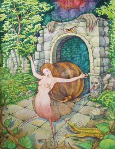 Painting titled "Forest 3 (Snail)" by Svetlana Kislyachenko, Original Artwork, Watercolor Mounted on Cardboard