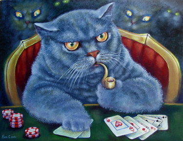 Картина под названием "Cat playing poker" - Svetlana Kislyachenko, Подлинное произведение искусства, Масло