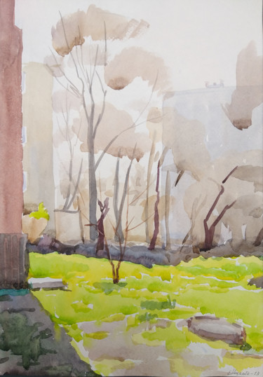 Картина под названием "За углом. Весна." - Елена Кизаева, Подлинное произведение искусства, Акварель