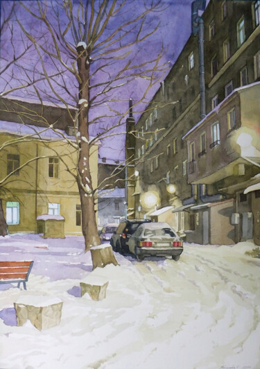 Картина под названием ""Зимний двор"" - Елена Кизаева, Подлинное произведение искусства, Акварель