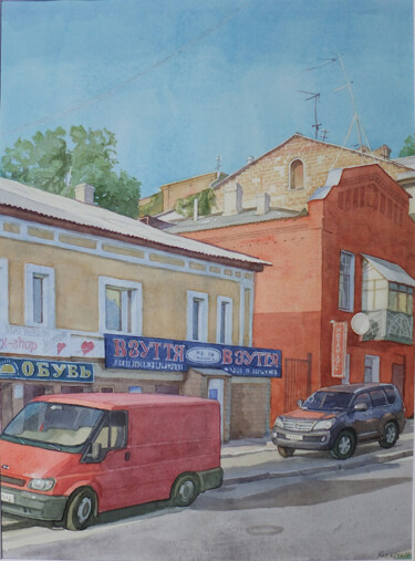 Painting titled ""Машины на Бурсацко…" by Elena Kizaeva, Original Artwork, Watercolor