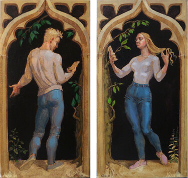 Pittura intitolato ""Адам и Ева эпохи с…" da Elena Kizaeva, Opera d'arte originale, Acrilico