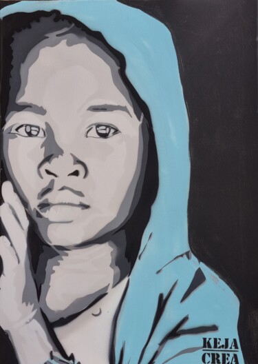 Schilderij getiteld "L'Enfant Seul" door Keja Creation, Origineel Kunstwerk, Graffiti Gemonteerd op Frame voor houten branca…