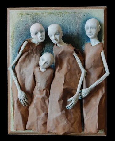 Sculpture titled "Les Témoins" by Karine Krynicki, Original Artwork, Paper Mounted on Wood Panel