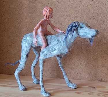 Sculpture titled "Chien bleu" by Karine Krynicki, Original Artwork, Paper maché