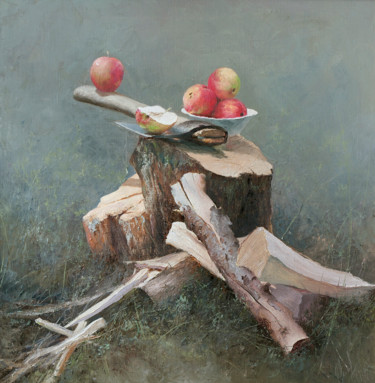 Painting titled "Топор и яблоки." by Iurii Klapoukh, Original Artwork, Oil